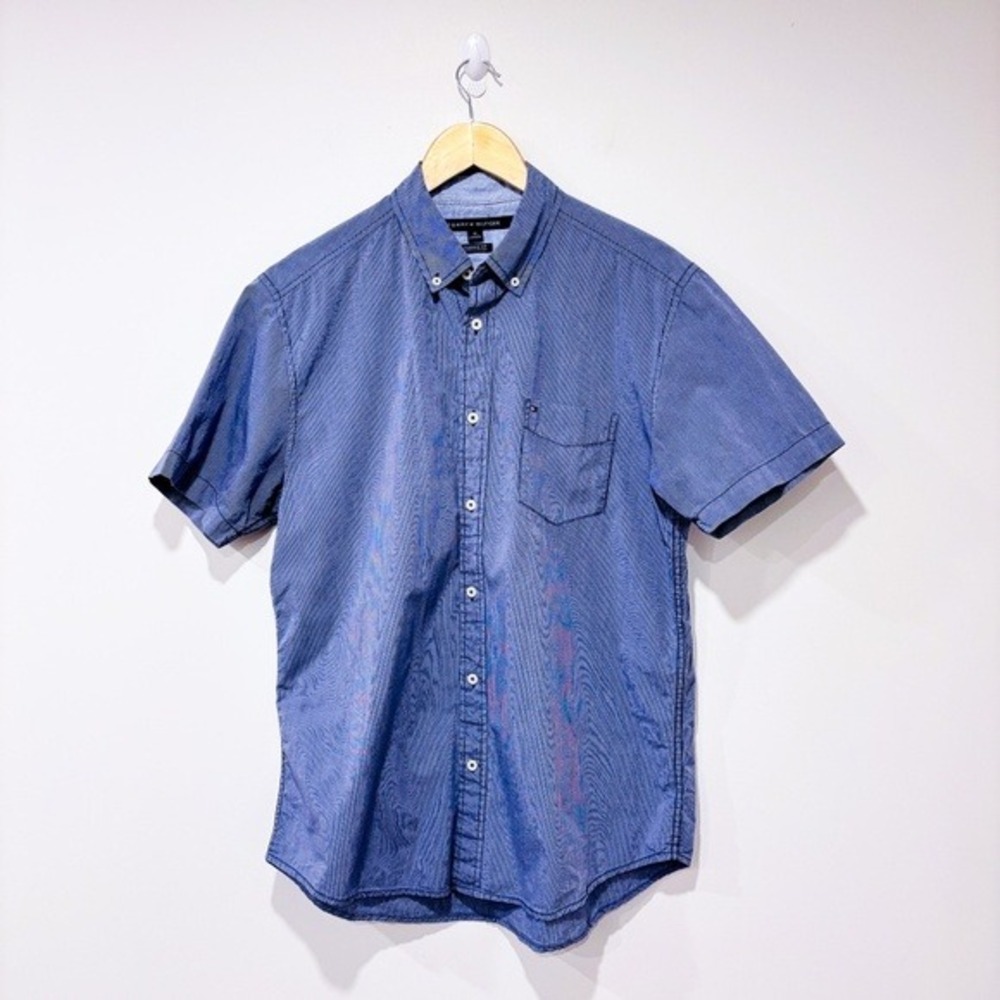 TOMMY HILFIGER Blue Striped Short Sleeve Button Down Shirt Medium